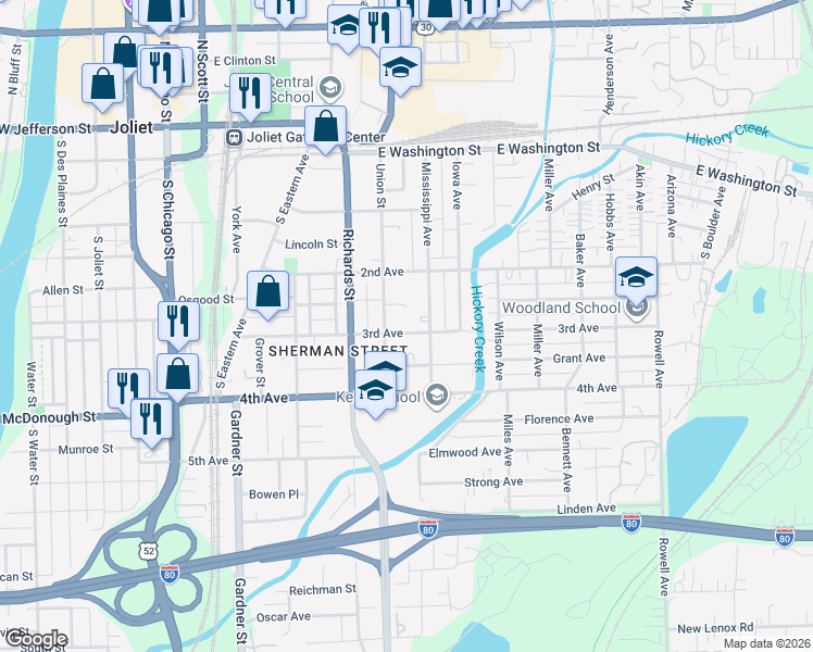 map of restaurants, bars, coffee shops, grocery stores, and more near 304 Union Street in Joliet