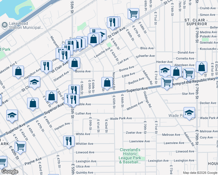 map of restaurants, bars, coffee shops, grocery stores, and more near 6212 Schade Avenue in Cleveland
