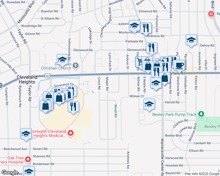 map of restaurants, bars, coffee shops, grocery stores, and more near 1499 Maple Road in Cleveland Heights