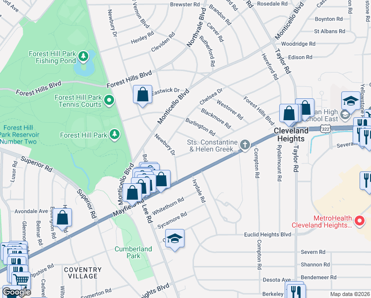 map of restaurants, bars, coffee shops, grocery stores, and more near 3172 Rumson Road in Cleveland Heights