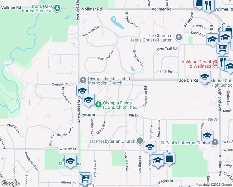 map of restaurants, bars, coffee shops, grocery stores, and more near 634 Lexington Drive in Chicago Heights