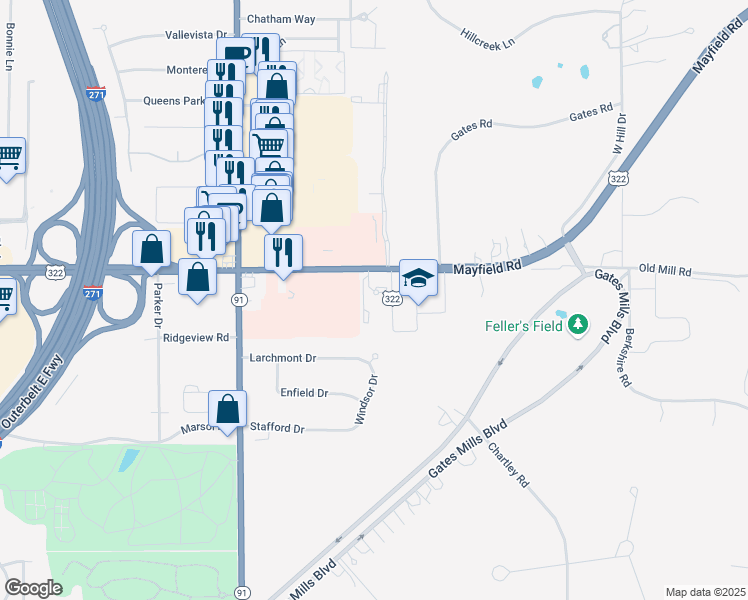 map of restaurants, bars, coffee shops, grocery stores, and more near 6800 Mayfield Road in Mayfield Heights