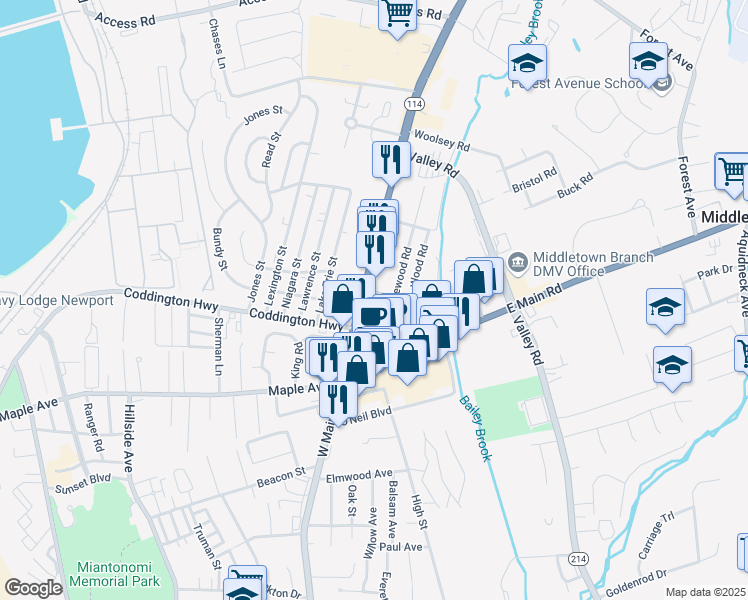 map of restaurants, bars, coffee shops, grocery stores, and more near 569 West Main Road in Middletown