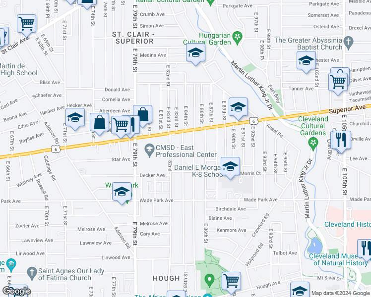 map of restaurants, bars, coffee shops, grocery stores, and more near 1337 East 84th Street in Cleveland