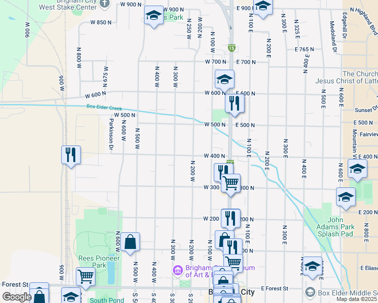 map of restaurants, bars, coffee shops, grocery stores, and more near 409 North 200 West in Brigham City