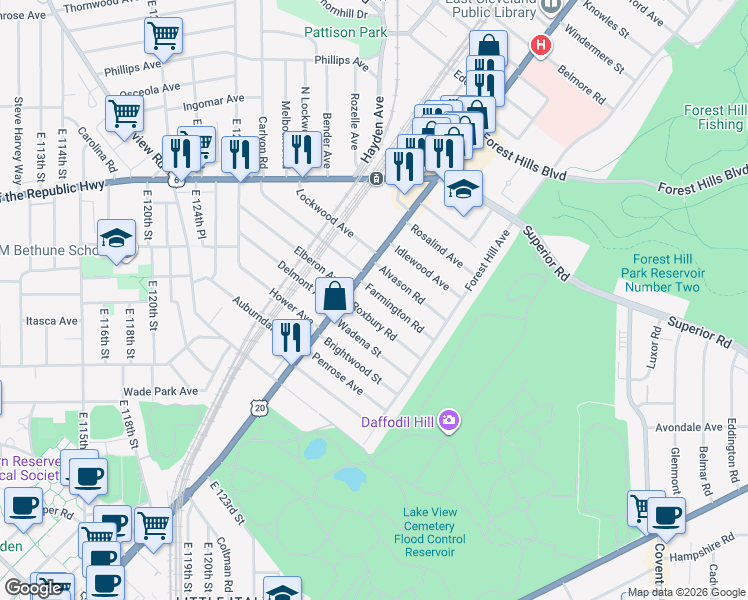 map of restaurants, bars, coffee shops, grocery stores, and more near 1830 Roxbury Road in East Cleveland