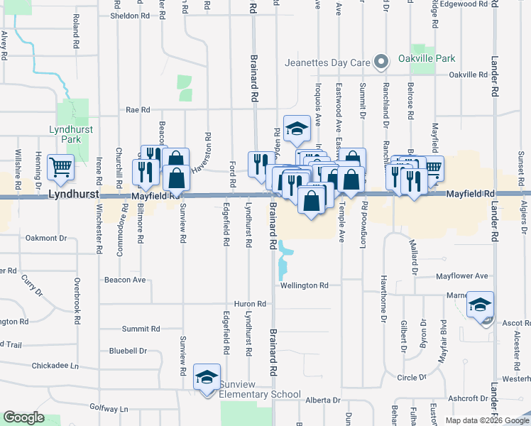 map of restaurants, bars, coffee shops, grocery stores, and more near 1520 Brainard Road in Lyndhurst