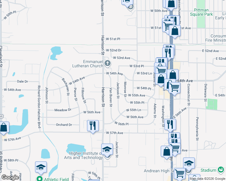 map of restaurants, bars, coffee shops, grocery stores, and more near 5522 Van Buren St in Merrillville