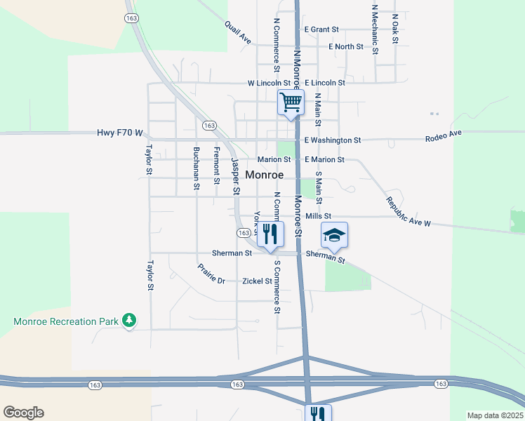 map of restaurants, bars, coffee shops, grocery stores, and more near 411 South Commerce Street in Monroe