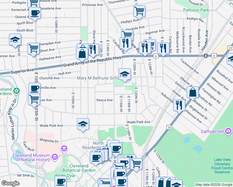 map of restaurants, bars, coffee shops, grocery stores, and more near 1447 East 115th Street in Cleveland