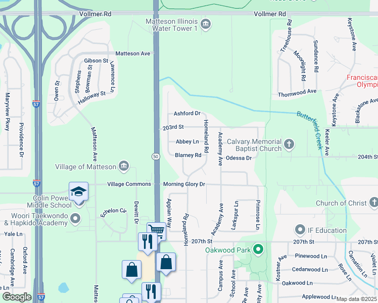 map of restaurants, bars, coffee shops, grocery stores, and more near 412 Carrick Road in Matteson