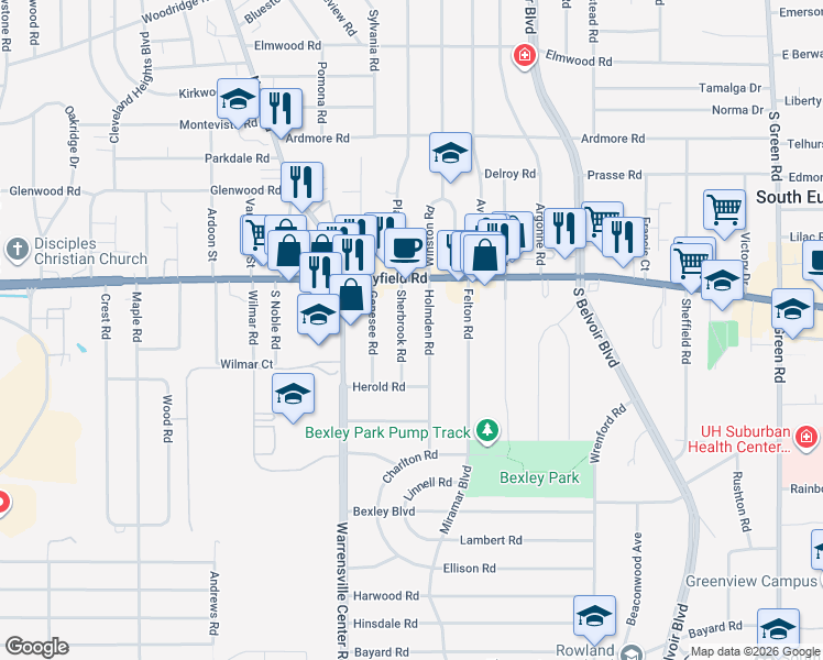 map of restaurants, bars, coffee shops, grocery stores, and more near 1517 Sherbrook Road in South Euclid