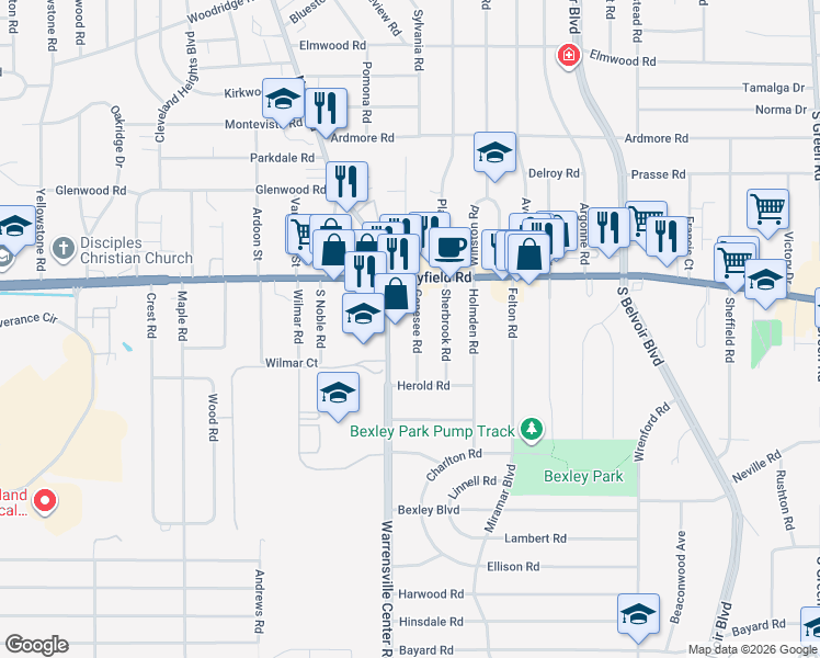 map of restaurants, bars, coffee shops, grocery stores, and more near 1520 Genesee Road in South Euclid