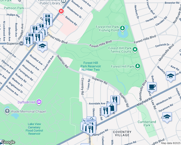 map of restaurants, bars, coffee shops, grocery stores, and more near 14000 Superior Road in East Cleveland