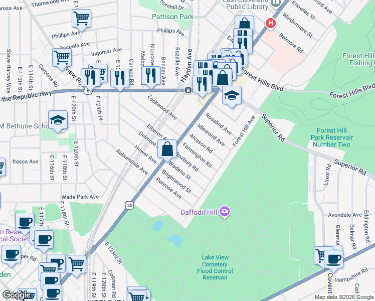 map of restaurants, bars, coffee shops, grocery stores, and more near 1830 Roxbury Road in East Cleveland