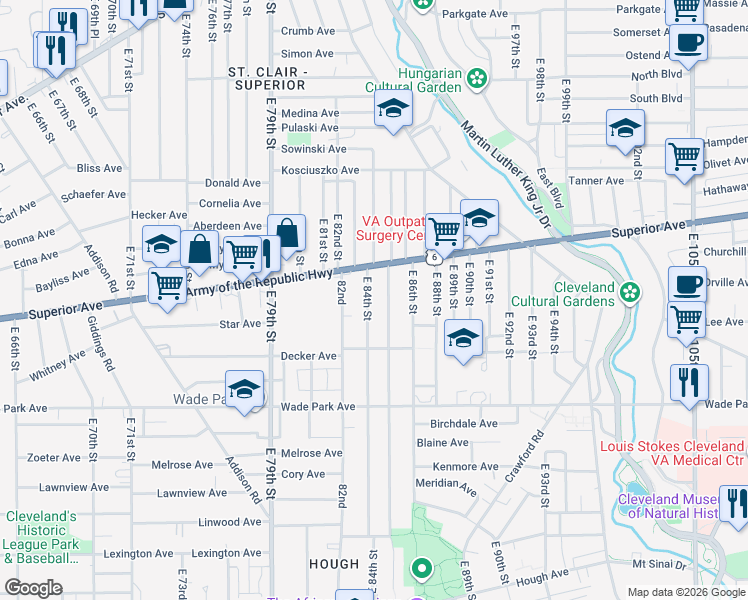 map of restaurants, bars, coffee shops, grocery stores, and more near 1365 East 85th Street in Cleveland