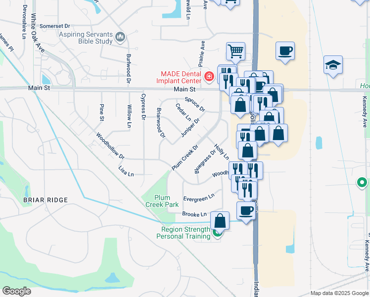 map of restaurants, bars, coffee shops, grocery stores, and more near 213 Plum Creek Drive in Schererville