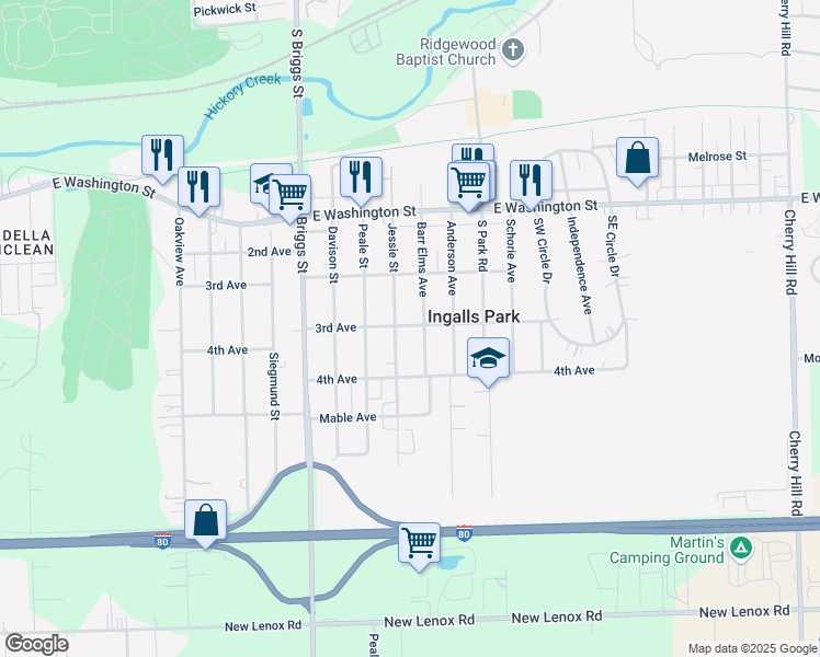 map of restaurants, bars, coffee shops, grocery stores, and more near 313 Jessie Street in Joliet