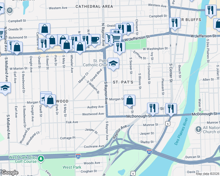 map of restaurants, bars, coffee shops, grocery stores, and more near 713 Morgan Street in Joliet