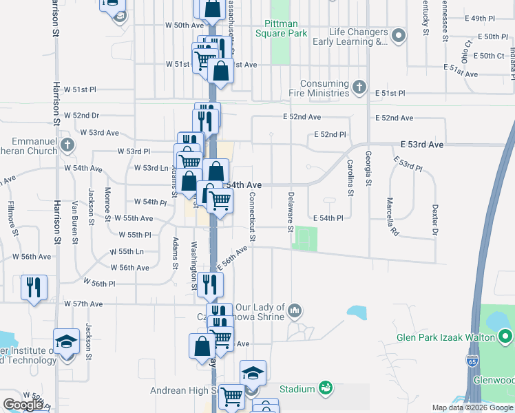 map of restaurants, bars, coffee shops, grocery stores, and more near 214 E 55th Ave in Merrillville