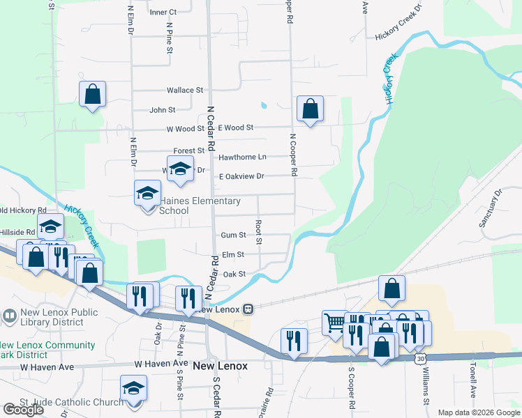 map of restaurants, bars, coffee shops, grocery stores, and more near 620 Root Street in New Lenox