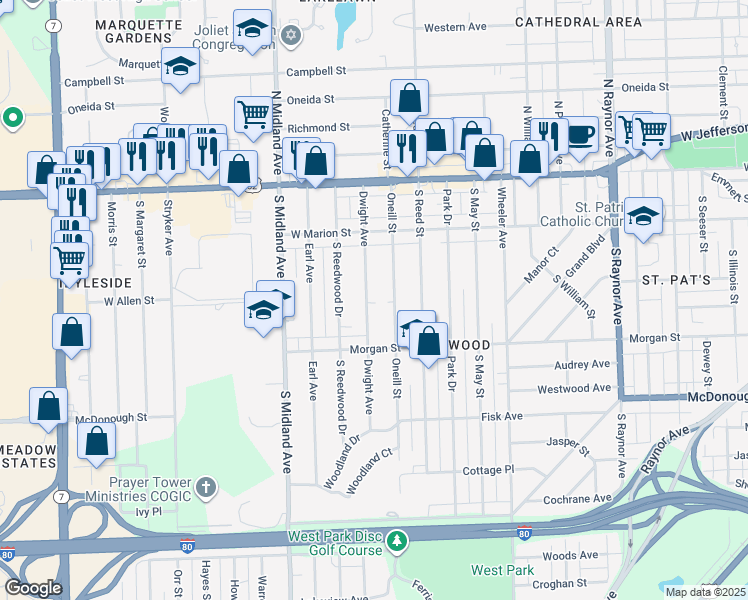 map of restaurants, bars, coffee shops, grocery stores, and more near 217 Dwight Avenue in Joliet