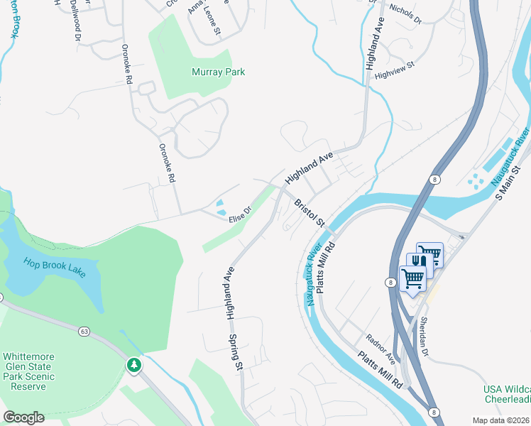 map of restaurants, bars, coffee shops, grocery stores, and more near 1576 Highland Avenue in Waterbury