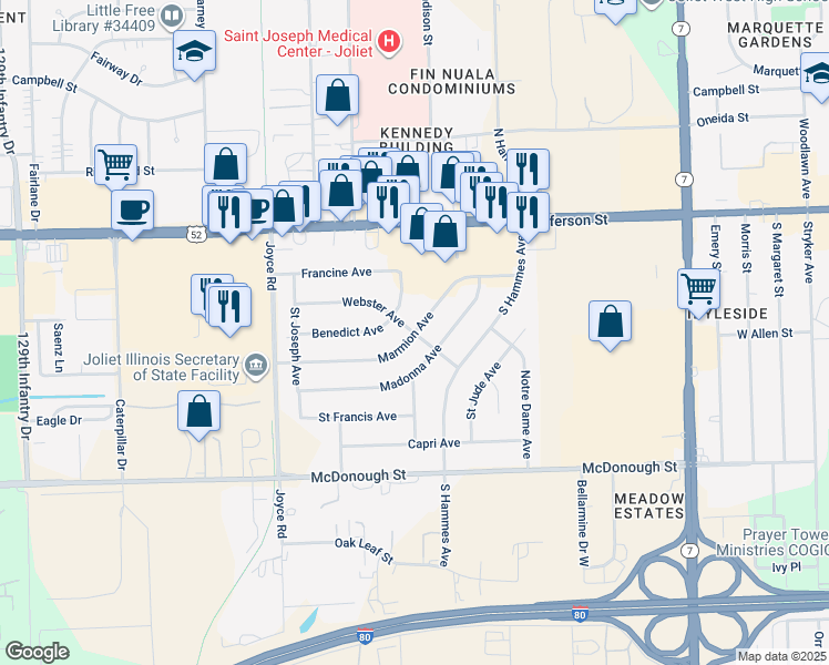map of restaurants, bars, coffee shops, grocery stores, and more near 2109 Webster Avenue in Joliet