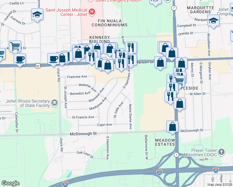 map of restaurants, bars, coffee shops, grocery stores, and more near 119 South Hammes Avenue in Joliet