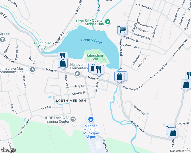 map of restaurants, bars, coffee shops, grocery stores, and more near 121 Main Street in Meriden