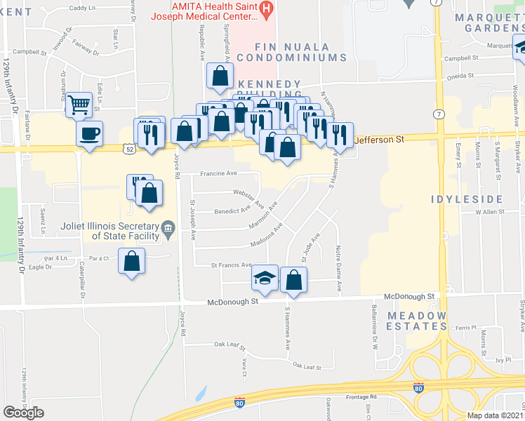 map of restaurants, bars, coffee shops, grocery stores, and more near 2201 Marmion Avenue in Joliet