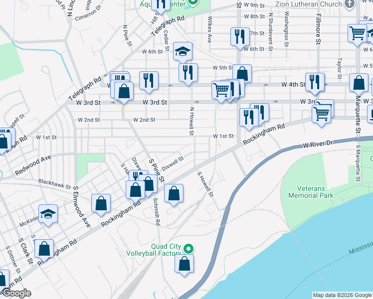 map of restaurants, bars, coffee shops, grocery stores, and more near 1929 Dixwell Street in Davenport