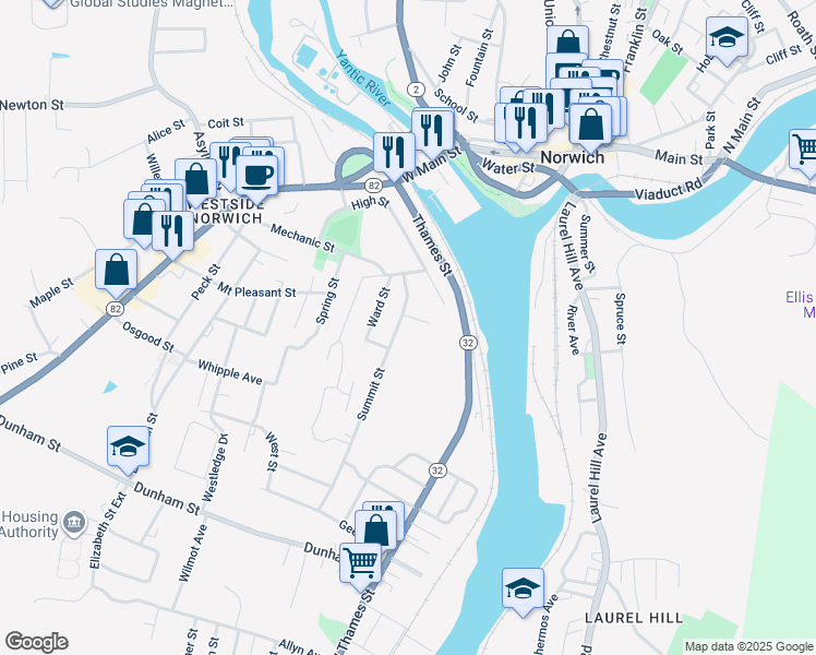 map of restaurants, bars, coffee shops, grocery stores, and more near 69 Summit Street in Norwich