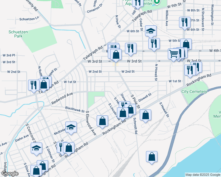 map of restaurants, bars, coffee shops, grocery stores, and more near 2229 West 1st Street in Davenport