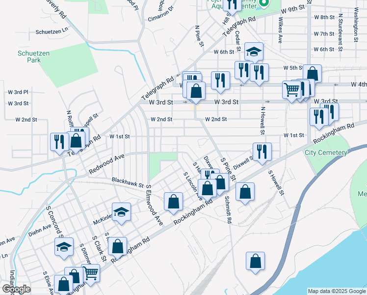 map of restaurants, bars, coffee shops, grocery stores, and more near 2226 West 1st Street in Davenport