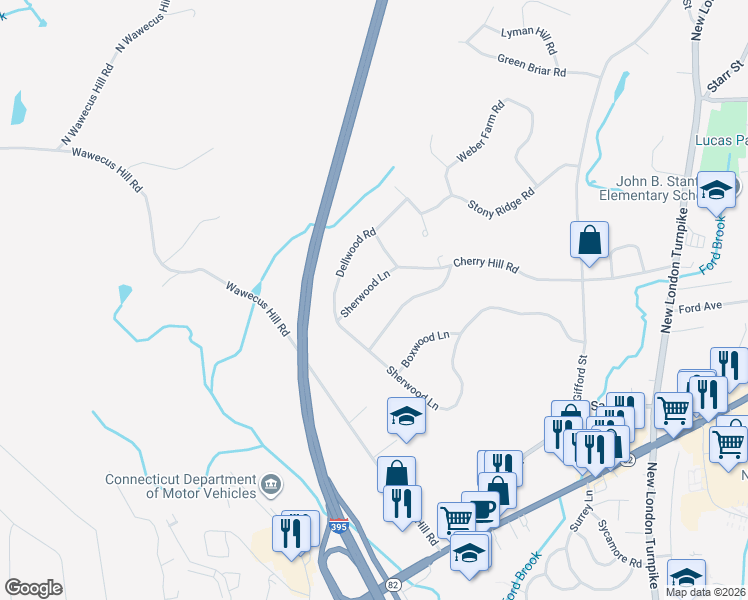 map of restaurants, bars, coffee shops, grocery stores, and more near 21 Sherwood Lane in Norwich