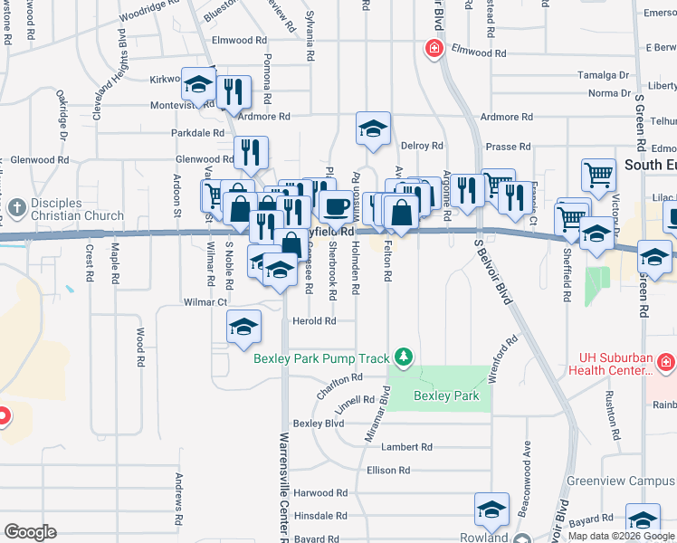 map of restaurants, bars, coffee shops, grocery stores, and more near 1463 Sherbrook Road in South Euclid
