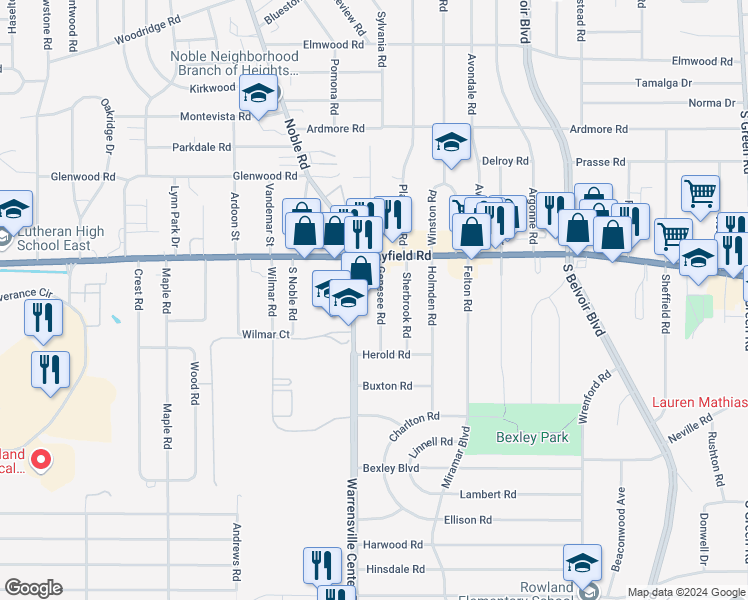 map of restaurants, bars, coffee shops, grocery stores, and more near 1470 Genesee Road in South Euclid