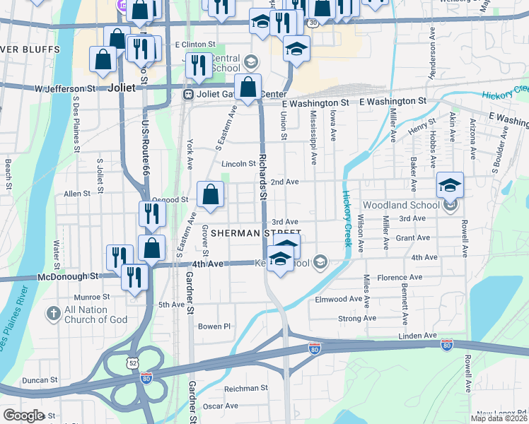 map of restaurants, bars, coffee shops, grocery stores, and more near 212 Richards Street in Joliet