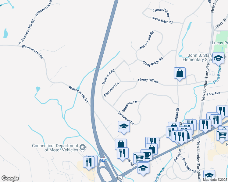 map of restaurants, bars, coffee shops, grocery stores, and more near 21 Sherwood Lane in Norwich