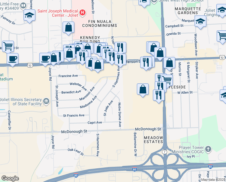 map of restaurants, bars, coffee shops, grocery stores, and more near 100 Notre Dame Avenue in Joliet