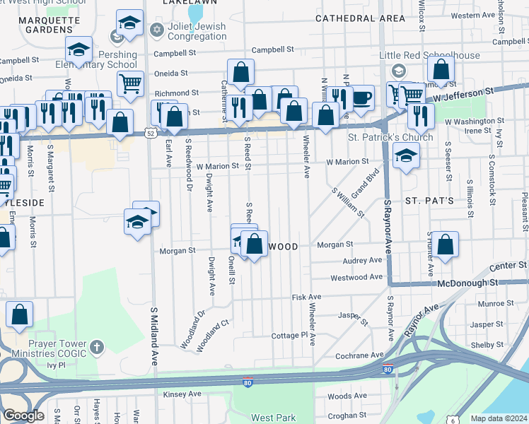 map of restaurants, bars, coffee shops, grocery stores, and more near 201 Park Drive in Joliet