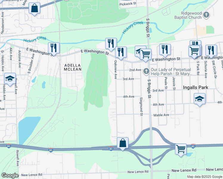 map of restaurants, bars, coffee shops, grocery stores, and more near 303 Oakview Avenue in Joliet