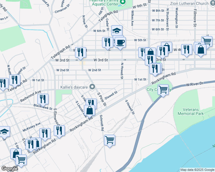 map of restaurants, bars, coffee shops, grocery stores, and more near 2003 W 1st St in Davenport