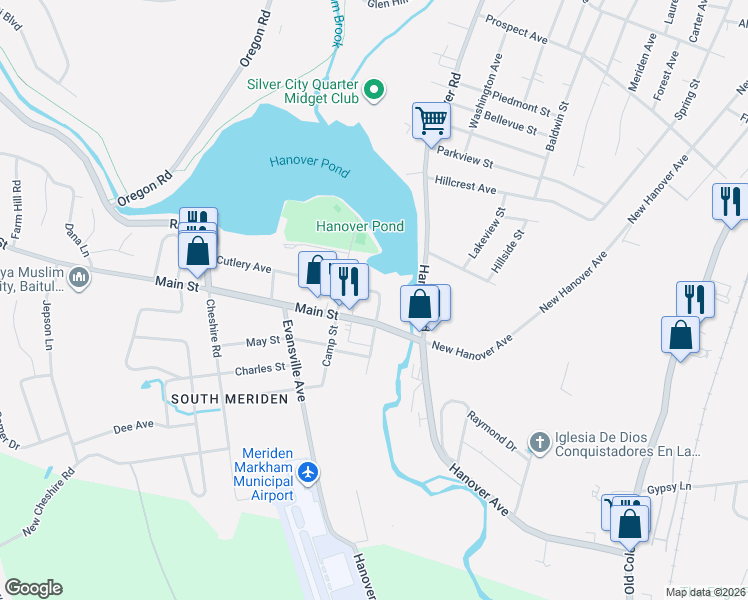 map of restaurants, bars, coffee shops, grocery stores, and more near 27 Cutlery Avenue in Meriden