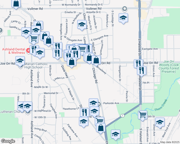 map of restaurants, bars, coffee shops, grocery stores, and more near 630 Chicago Road in Chicago Heights