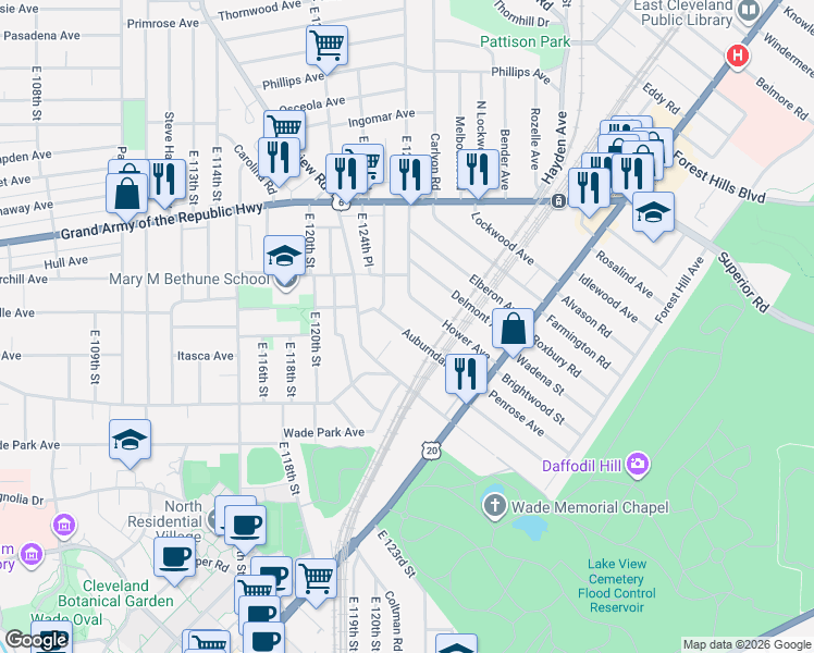 map of restaurants, bars, coffee shops, grocery stores, and more near 1404 East 125th Street in Cleveland
