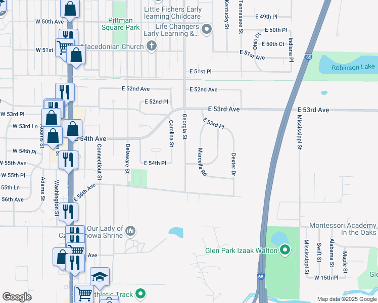 map of restaurants, bars, coffee shops, grocery stores, and more near 5435 Georgia Street in Merrillville