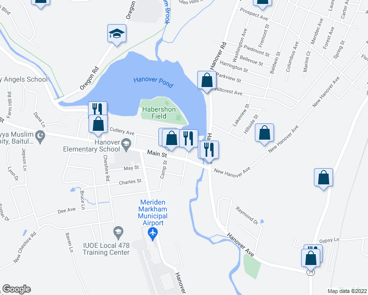 map of restaurants, bars, coffee shops, grocery stores, and more near 27 Cutlery Avenue in Meriden