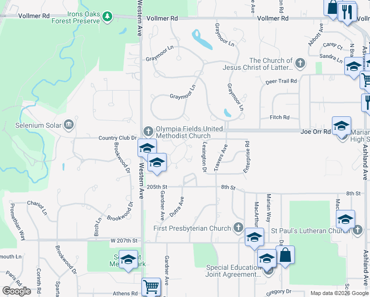 map of restaurants, bars, coffee shops, grocery stores, and more near 706 Wysteria Drive in Olympia Fields